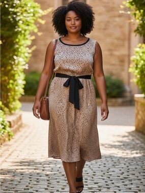 LOFT Polka Dot Sleeveless Cinch Waist Dress | Taupe Black M